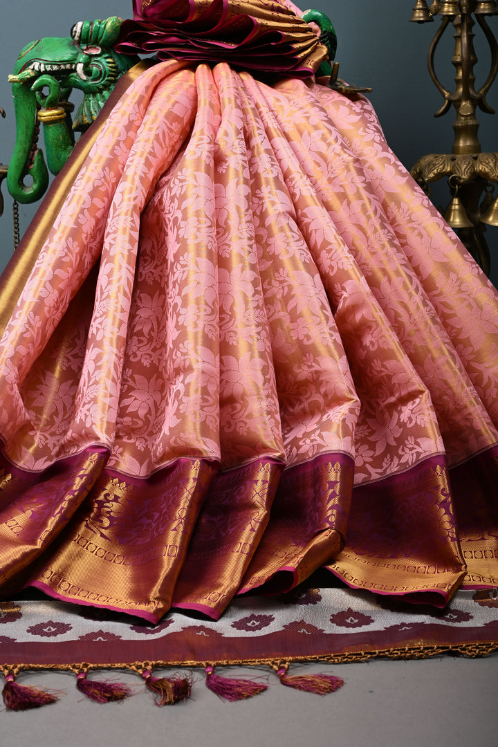 Rose Pink Kanjivaram Soft Semi Tissue Silk Saree with Meenakari Floral Jaal and Contrast Zari Border | SHOBITAM
