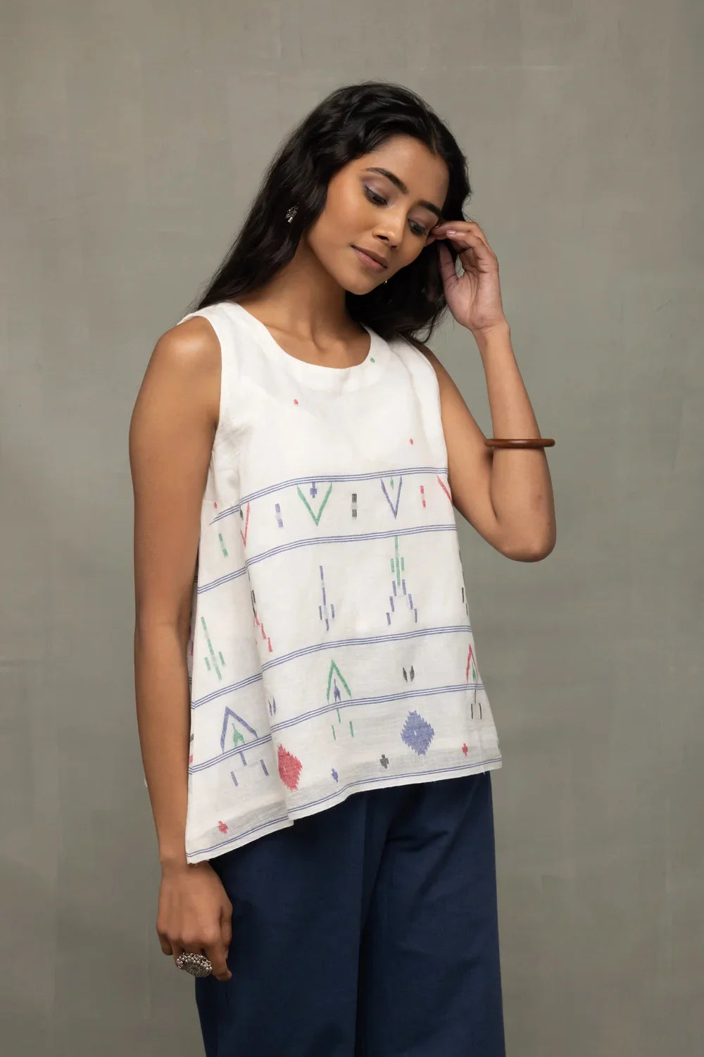 White Mist Cotton Jamdani Top | SHOBITAM