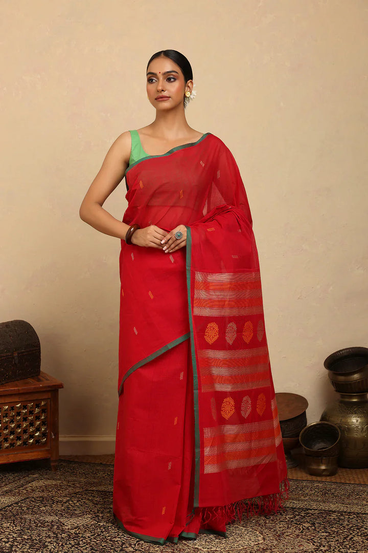 Handloom Rose Red Kanchi Cotton Saree | SHOBITAM