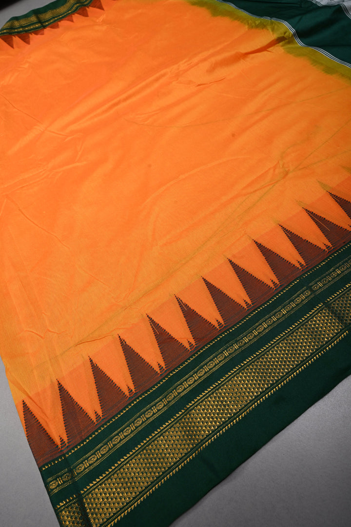 Orange Ilkal Weave Mercerized Bagalkote Cotton Saree with Temple Panel on Contrast Zari Border | SHOBITAM