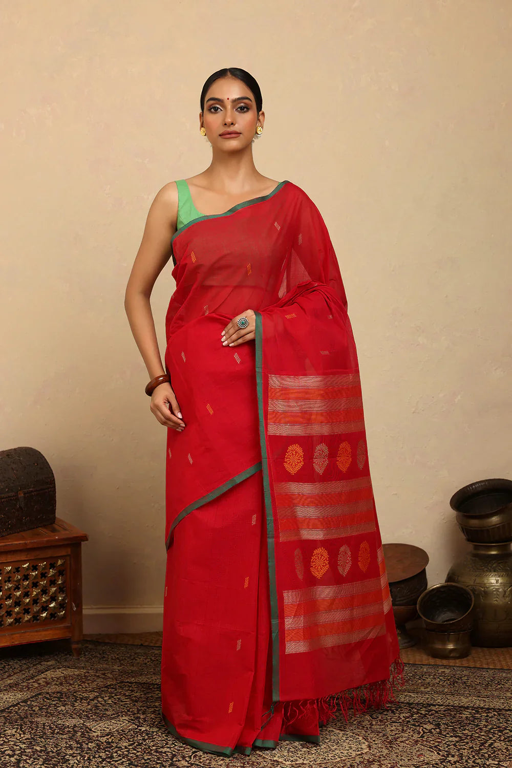 Handloom Rose Red Kanchi Cotton Saree | SHOBITAM
