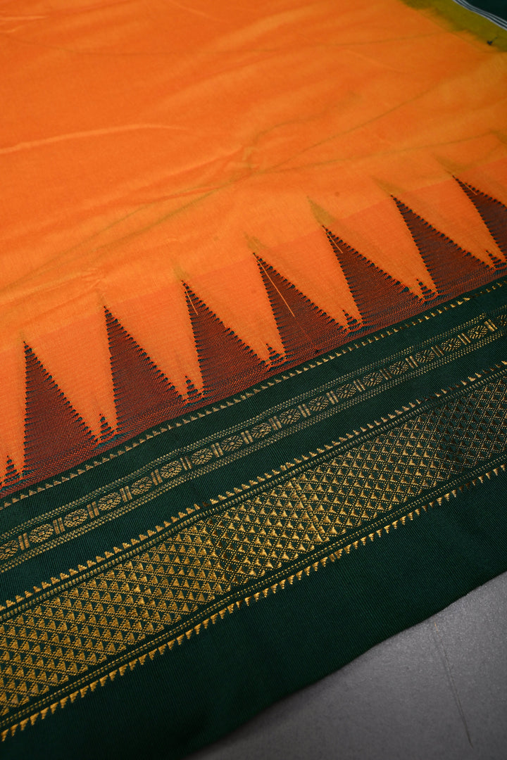 Orange Ilkal Weave Mercerized Bagalkote Cotton Saree with Temple Panel on Contrast Zari Border | SHOBITAM