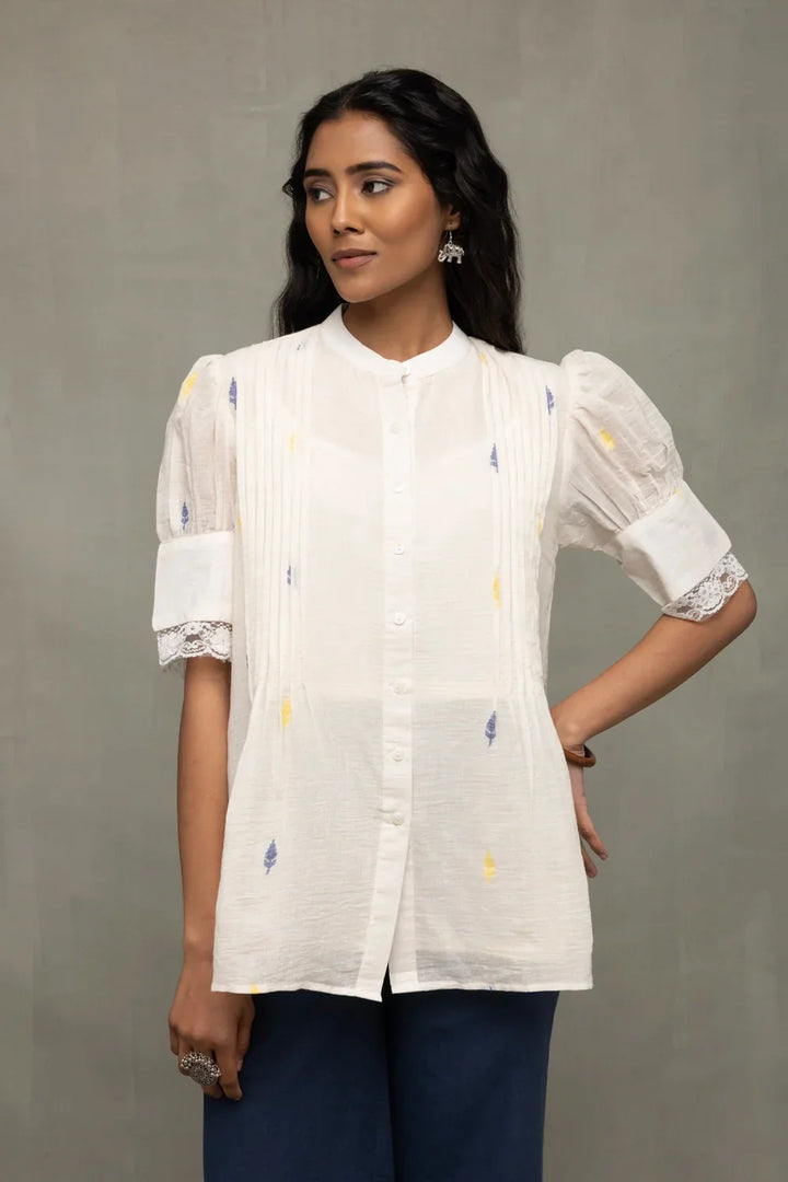 Ivory Pleated Jamdani Puff Sleeve Shirt Top | SHOBITAM