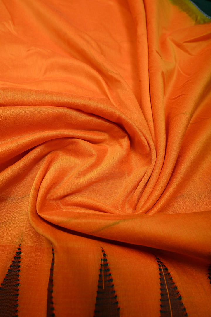 Orange Ilkal Weave Mercerized Bagalkote Cotton Saree with Temple Panel on Contrast Zari Border | SHOBITAM
