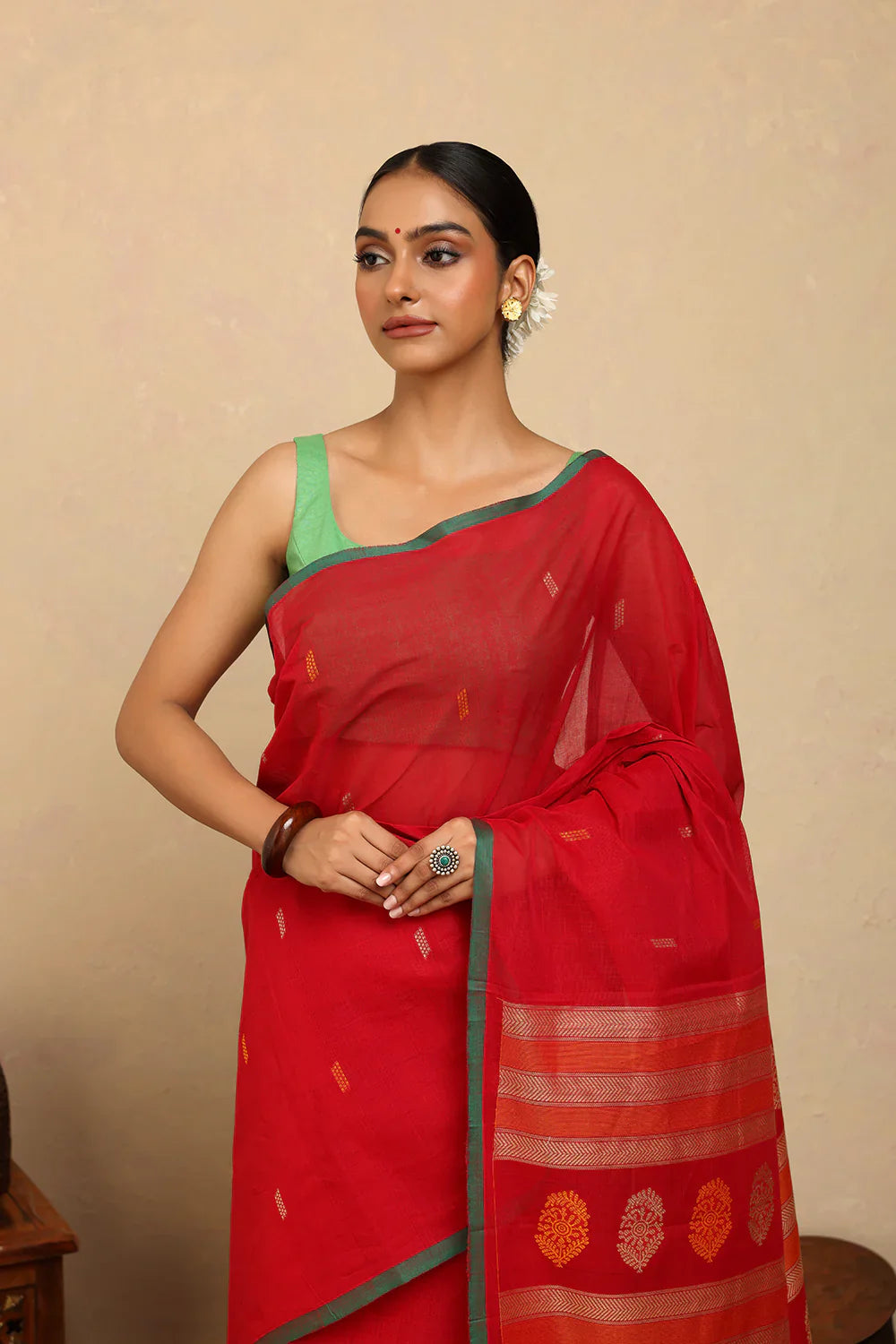 Handloom Rose Red Kanchi Cotton Saree | SHOBITAM