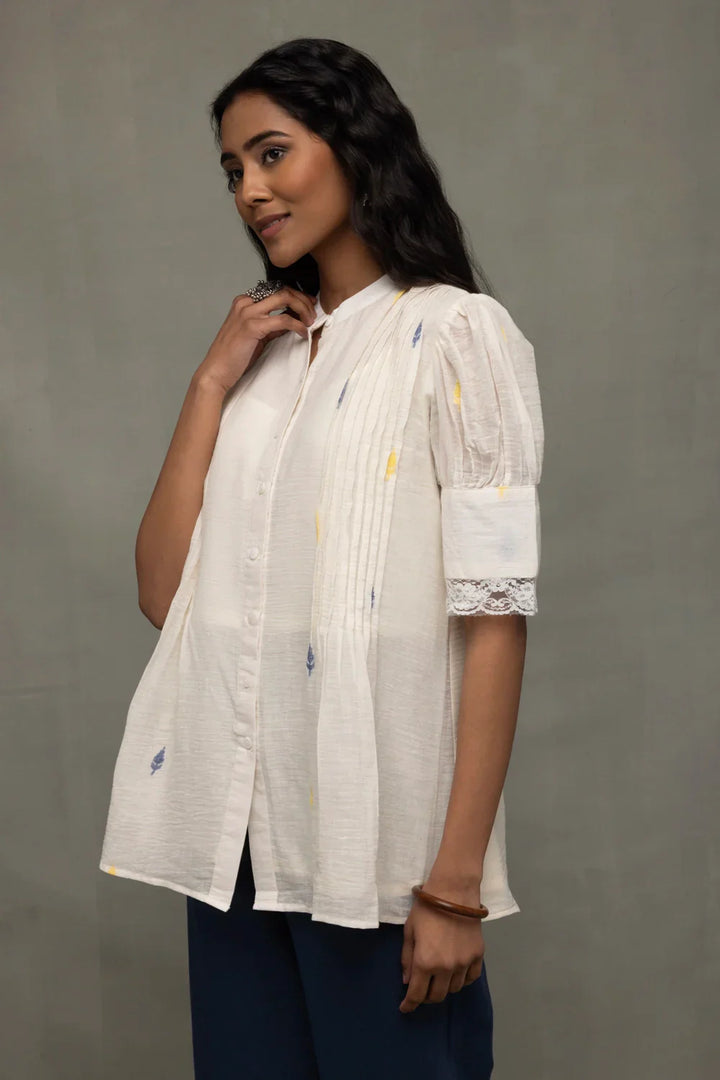 Ivory Pleated Jamdani Puff Sleeve Shirt Top | SHOBITAM