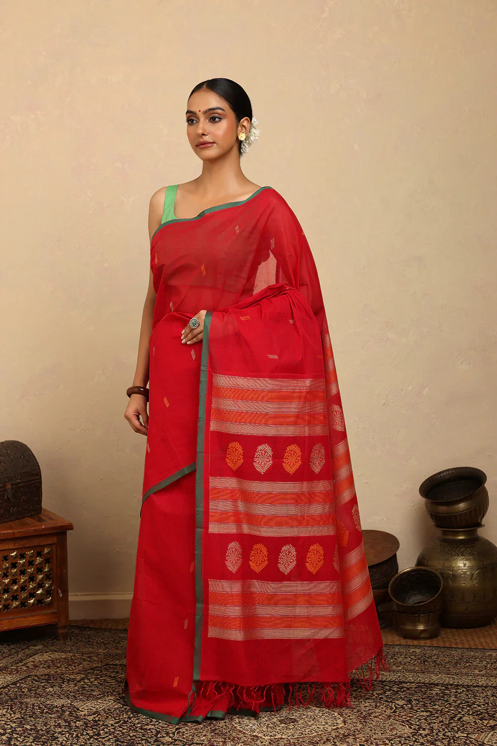 Handloom Rose Red Kanchi Cotton Saree | SHOBITAM