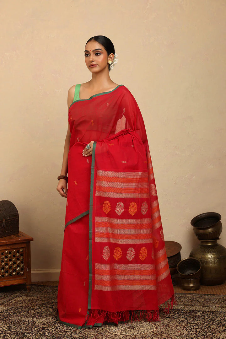 Handloom Rose Red Kanchi Cotton Saree | SHOBITAM