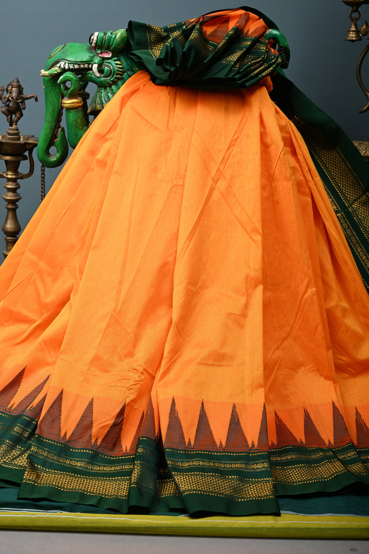 Orange Ilkal Weave Mercerized Bagalkote Cotton Saree with Temple Panel on Contrast Zari Border | SHOBITAM
