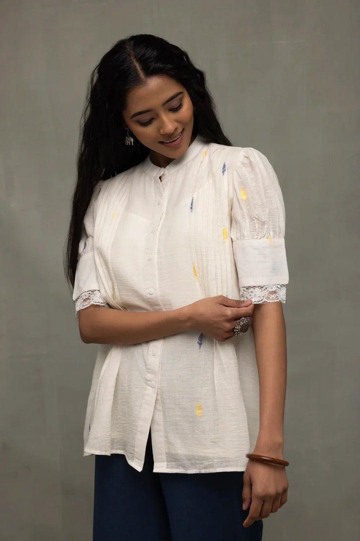 Ivory Pleated Jamdani Puff Sleeve Shirt Top | SHOBITAM