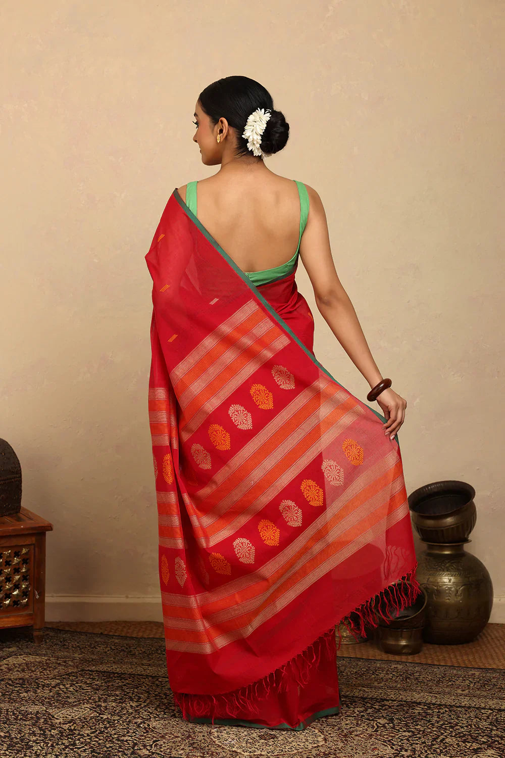 Handloom Rose Red Kanchi Cotton Saree | SHOBITAM