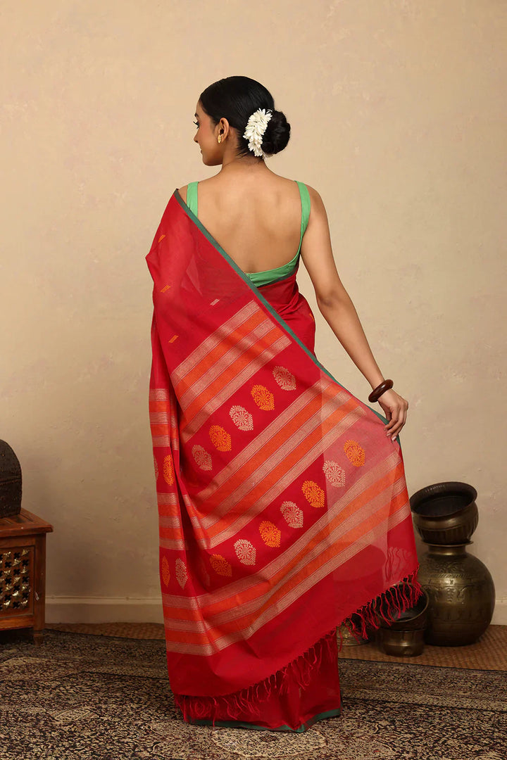 Handloom Rose Red Kanchi Cotton Saree | SHOBITAM