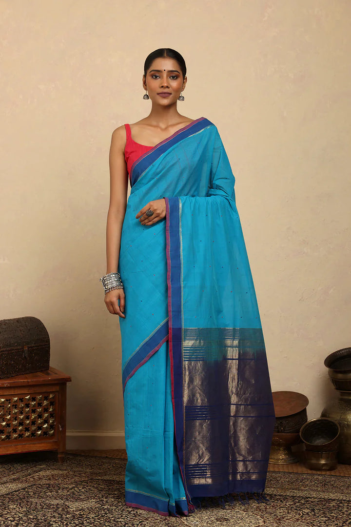 Handloom Bright Blue Kanchi Cotton Saree | SHOBITAM