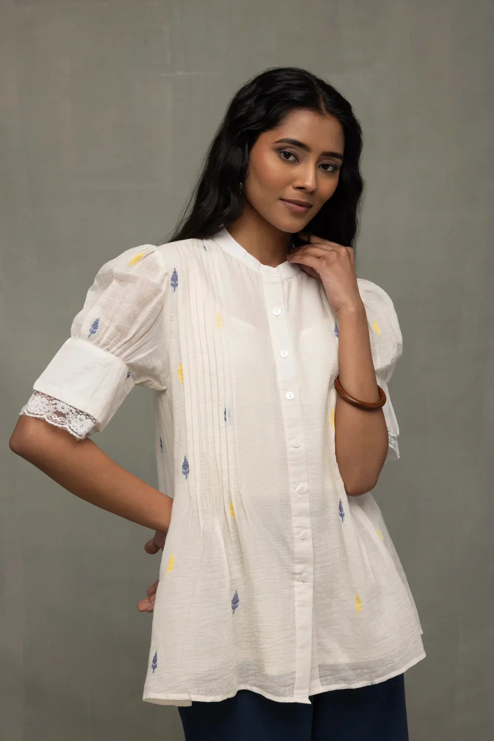 Ivory Pleated Jamdani Puff Sleeve Shirt Top | SHOBITAM
