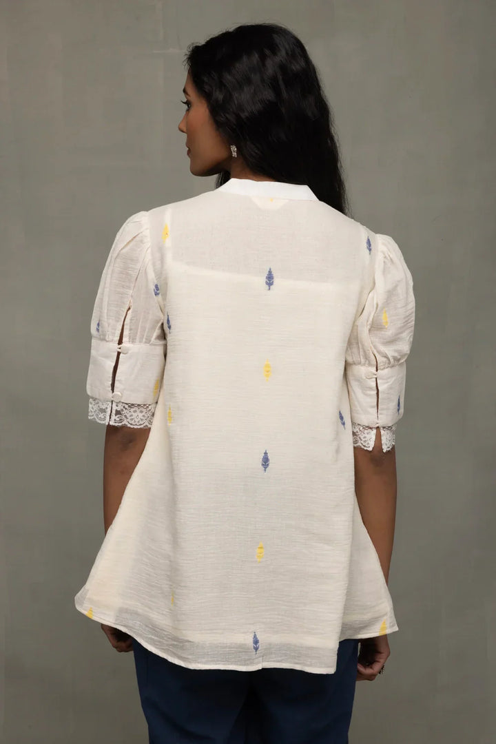 Ivory Pleated Jamdani Puff Sleeve Shirt Top | SHOBITAM