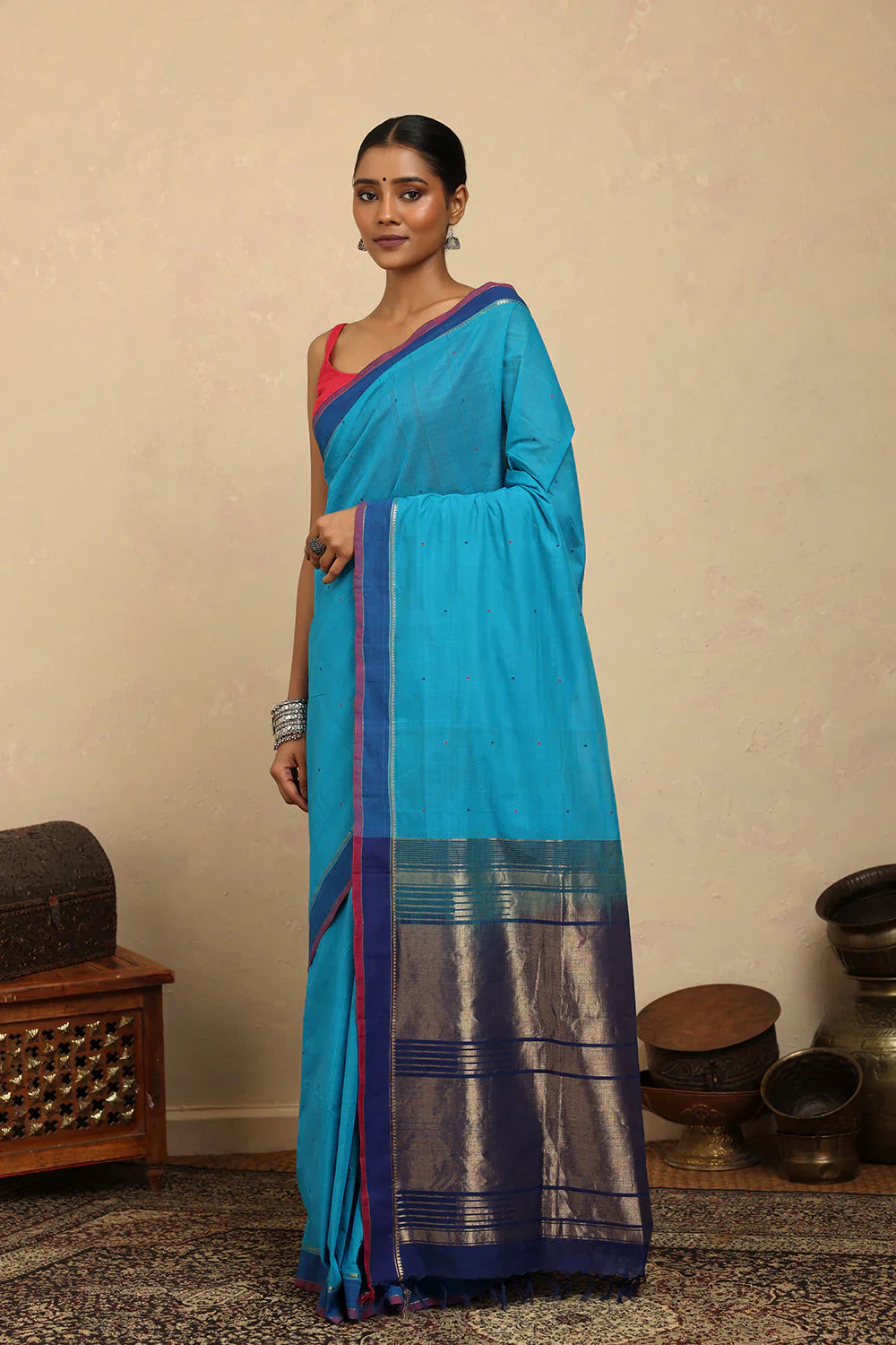 Handloom Bright Blue Kanchi Cotton Saree | SHOBITAM