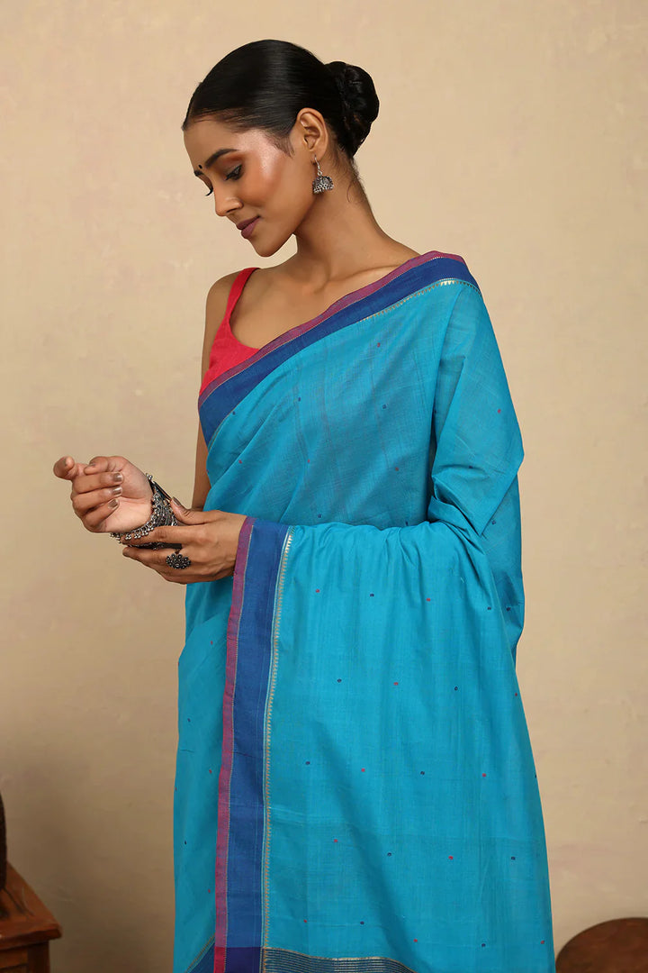 Handloom Bright Blue Kanchi Cotton Saree | SHOBITAM