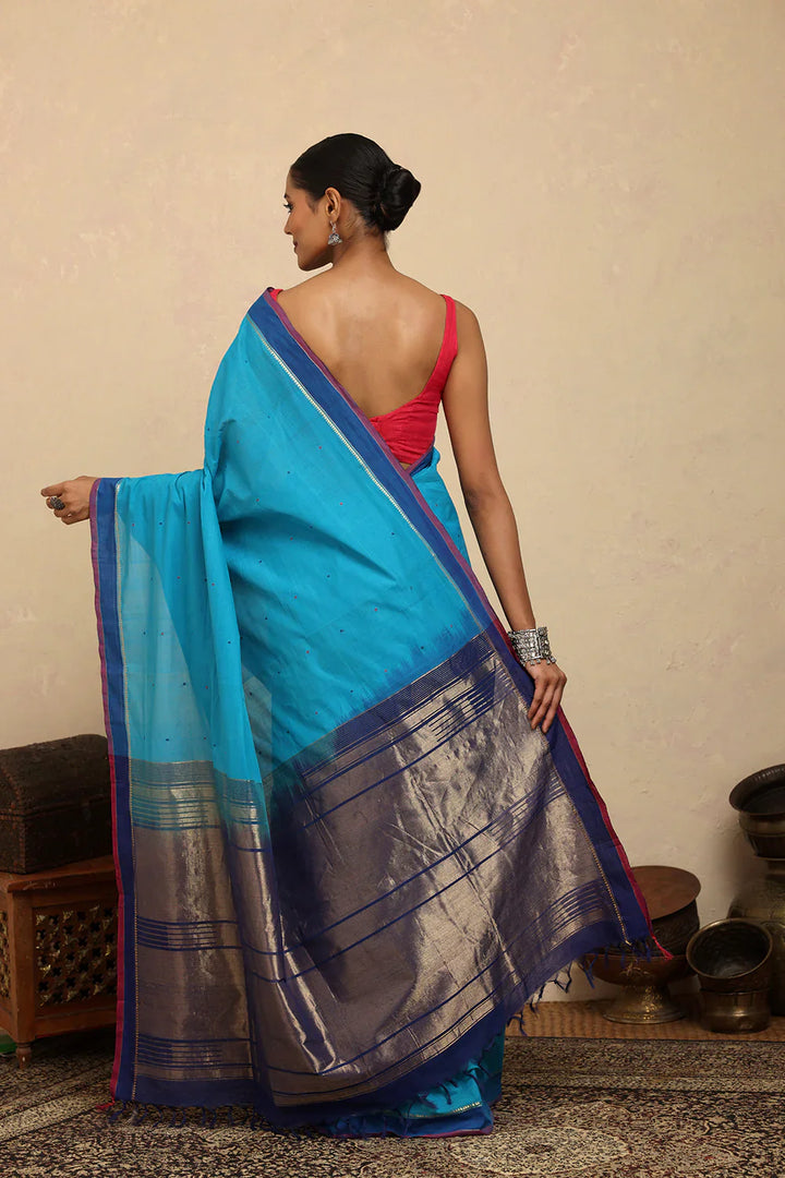 Handloom Bright Blue Kanchi Cotton Saree | SHOBITAM