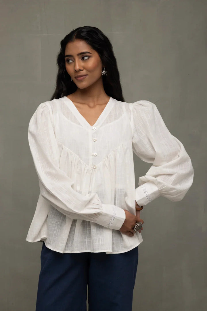 White Cotton Cloud Gathered Top | SHOBITAM