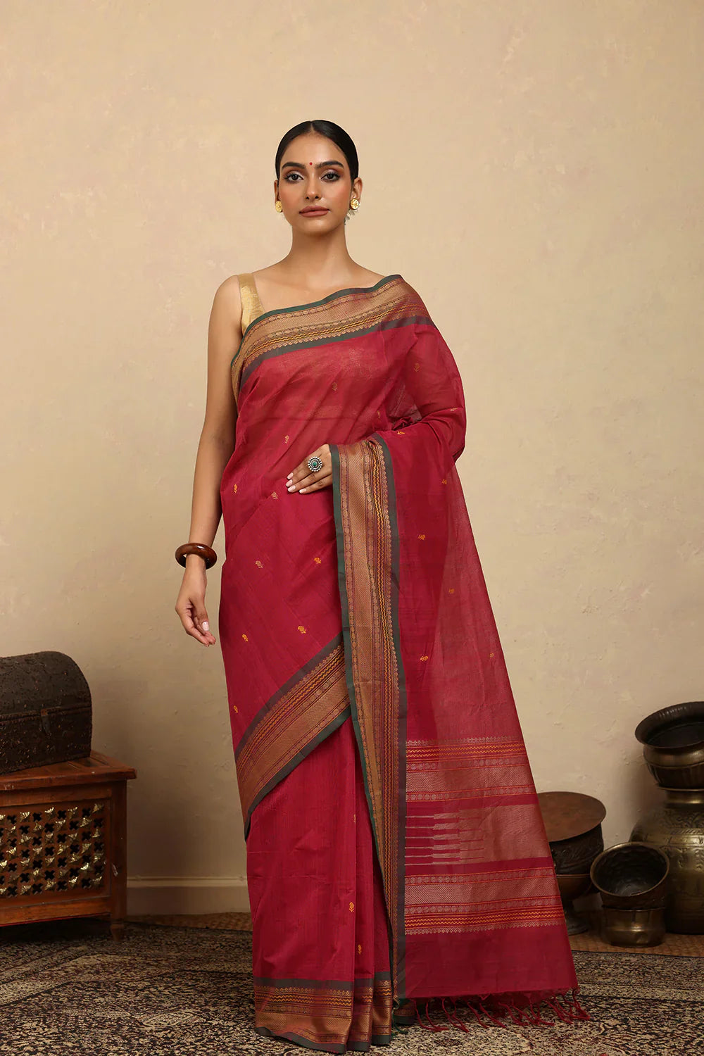 Handloom Pink Kanchi Cotton Saree with Woven Border | SHOBITAM