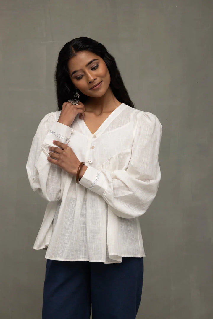 White Cotton Cloud Gathered Top | SHOBITAM