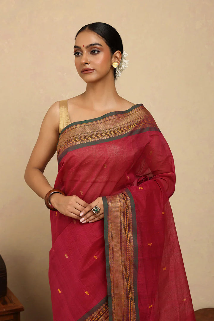 Handloom Pink Kanchi Cotton Saree with Woven Border | SHOBITAM