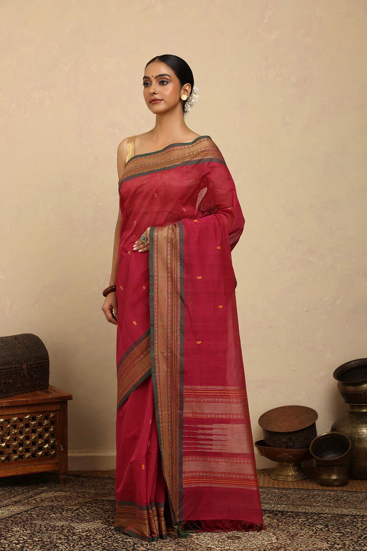 Handloom Pink Kanchi Cotton Saree with Woven Border | SHOBITAM