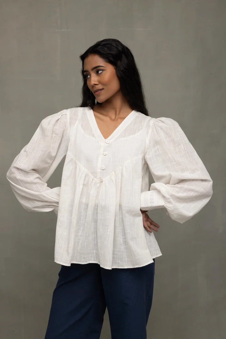 White Cotton Cloud Gathered Top | SHOBITAM