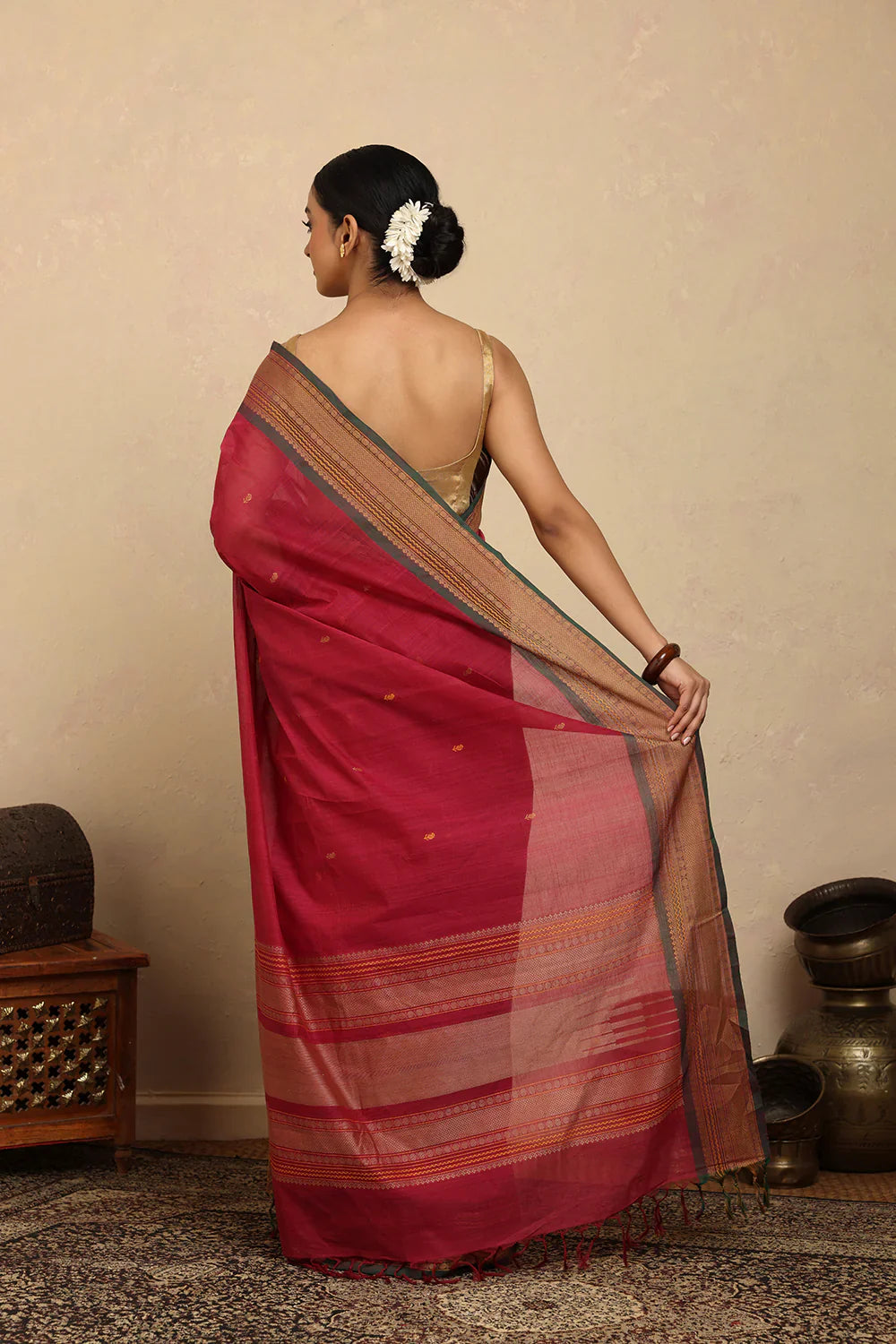 Handloom Pink Kanchi Cotton Saree with Woven Border | SHOBITAM
