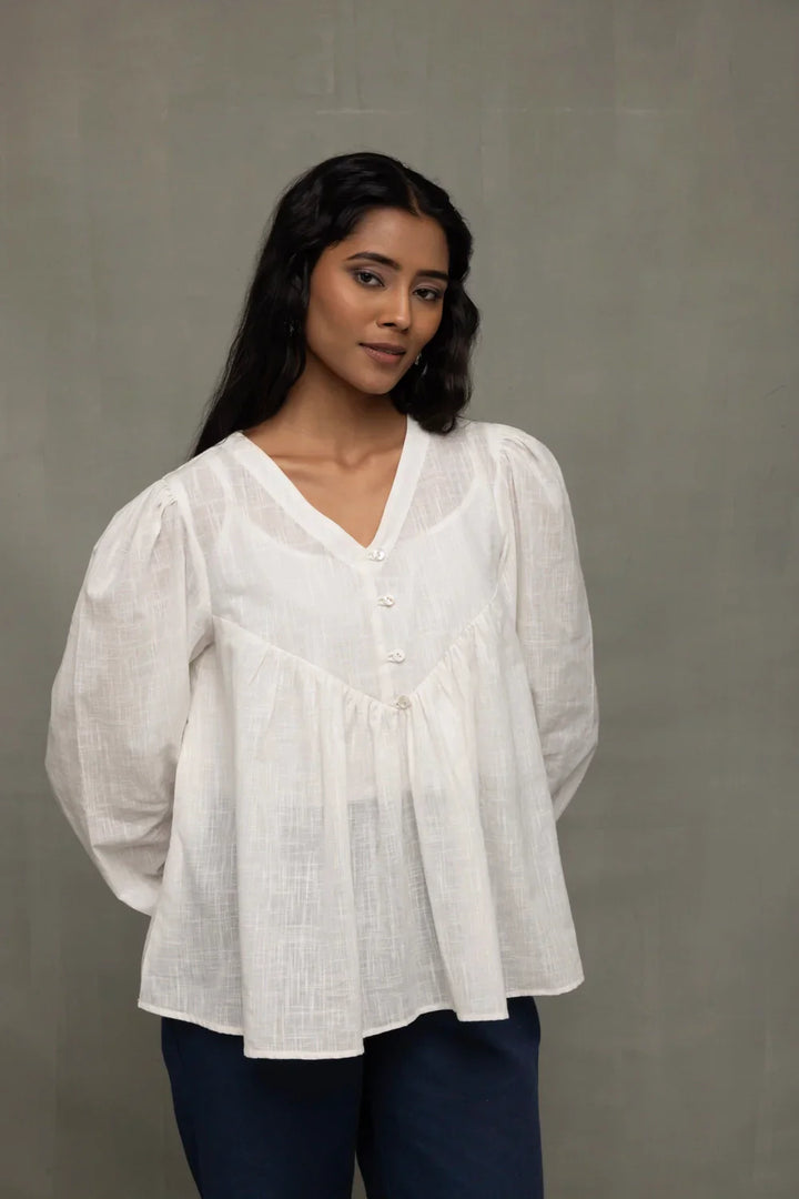 White Cotton Cloud Gathered Top | SHOBITAM