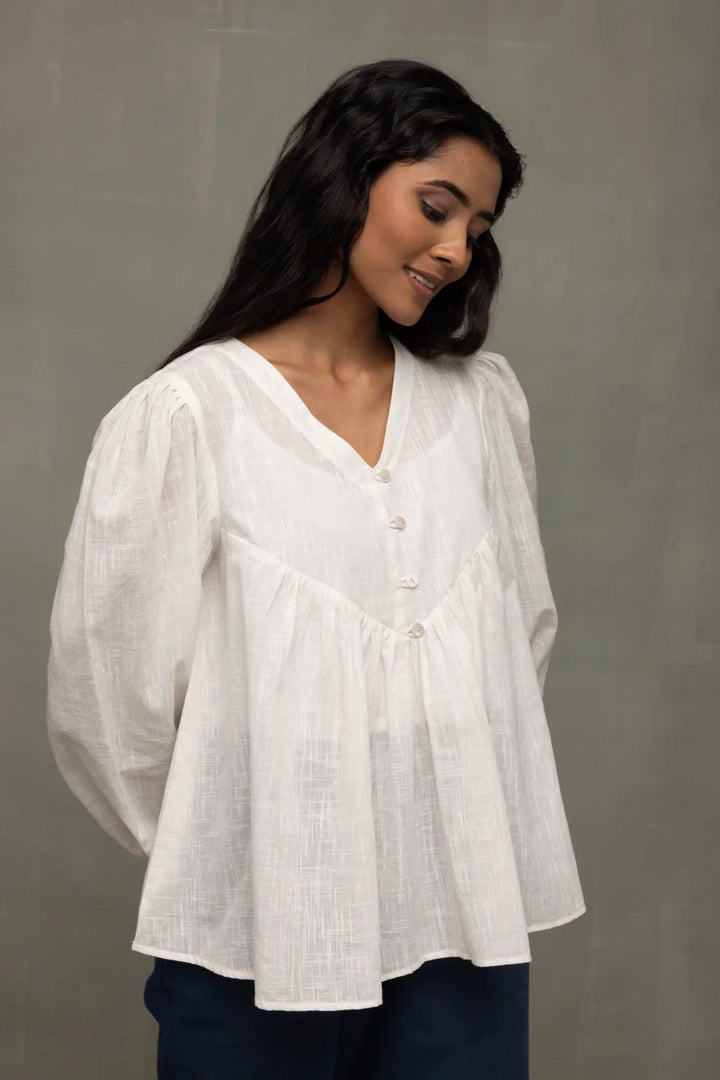 White Cotton Cloud Gathered Top | SHOBITAM