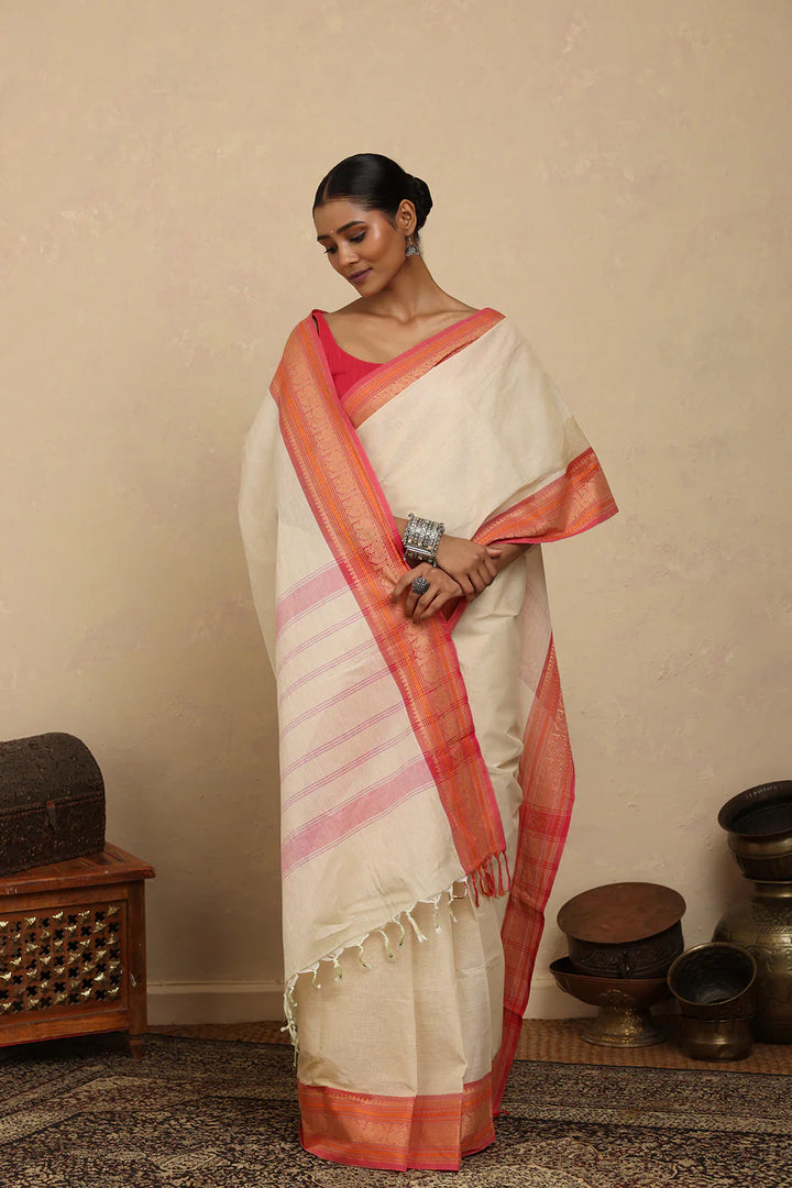 Handloom Off White Kanchi Cotton Saree with Woven Pink Border | SHOBITAM
