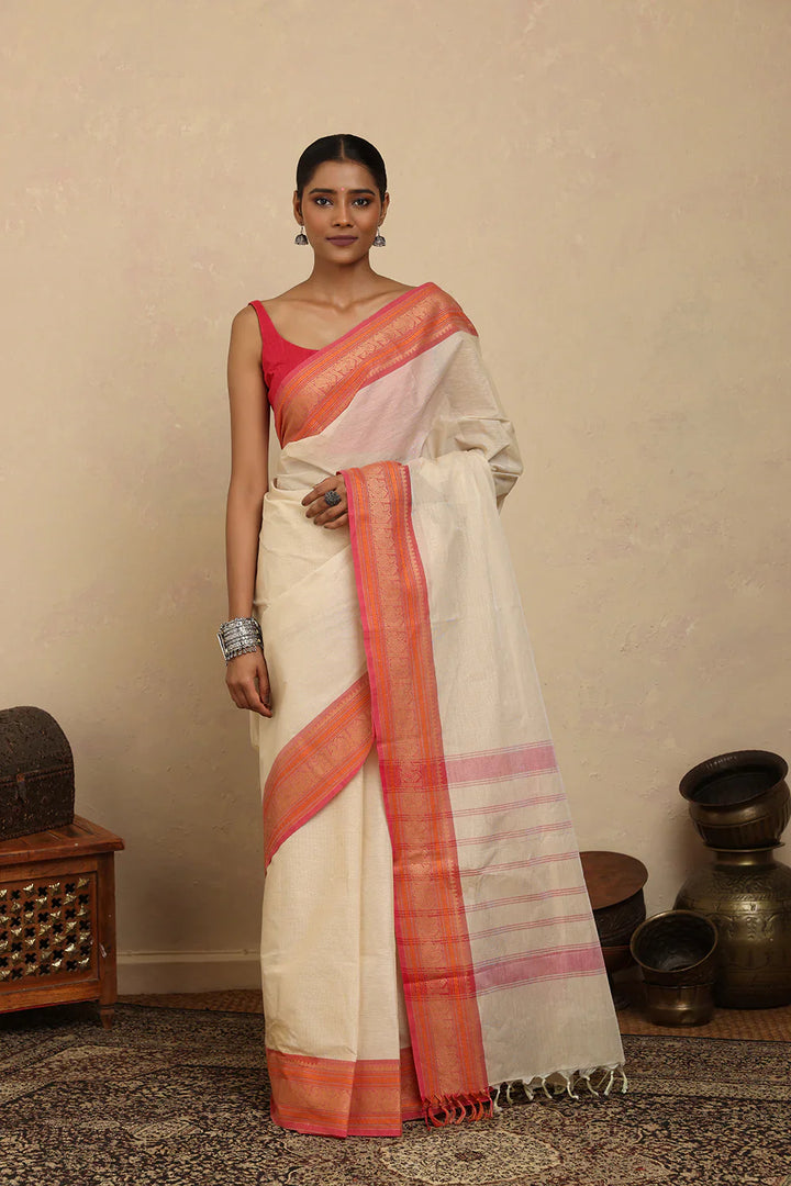 Handloom Off White Kanchi Cotton Saree with Woven Pink Border | SHOBITAM