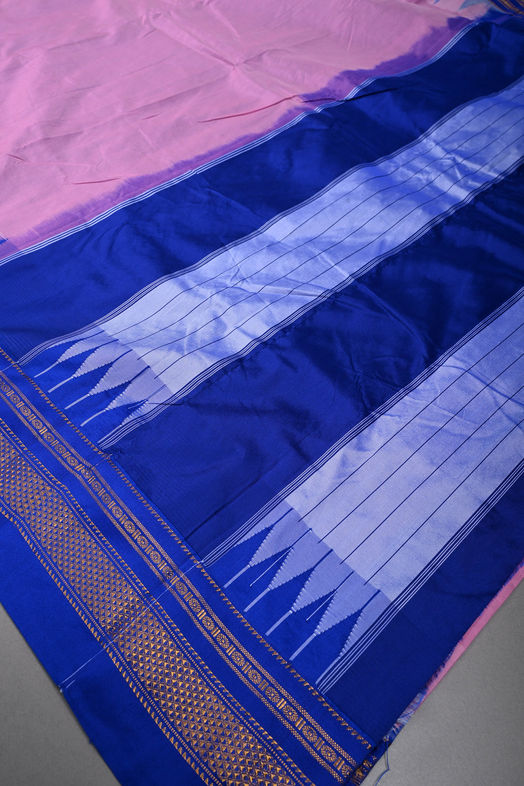 Rose Pink Ilkal Weave Mercerized Bagalkote Cotton Saree with Temple Panel on Contrast Zari Border | SHOBITAM