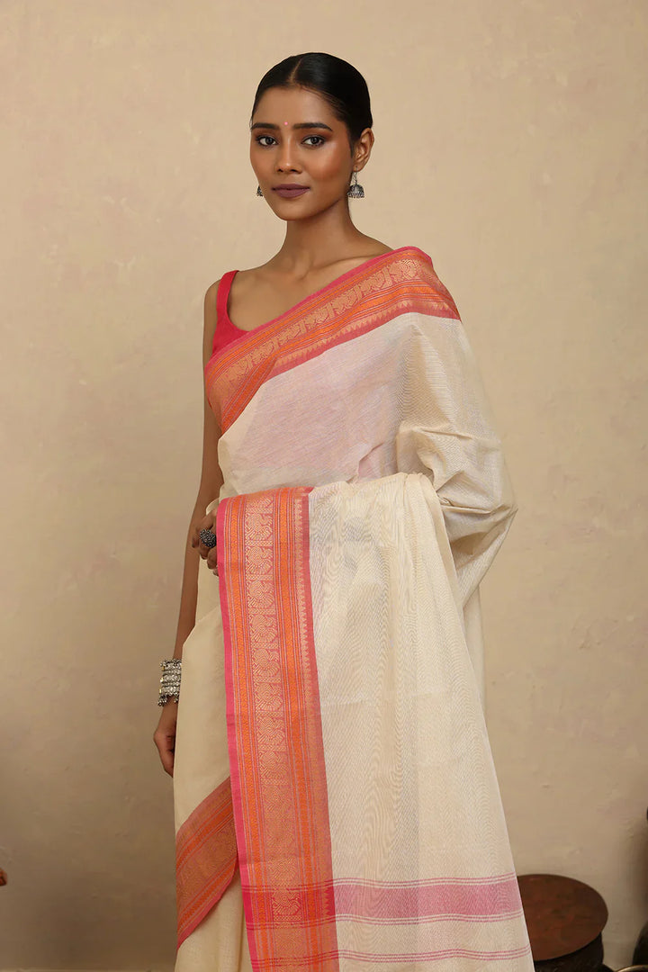 Handloom Off White Kanchi Cotton Saree with Woven Pink Border | SHOBITAM
