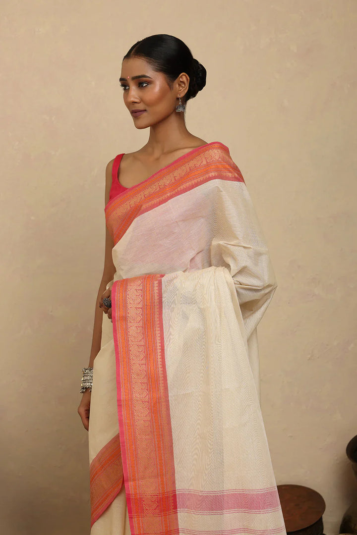 Handloom Off White Kanchi Cotton Saree with Woven Pink Border | SHOBITAM
