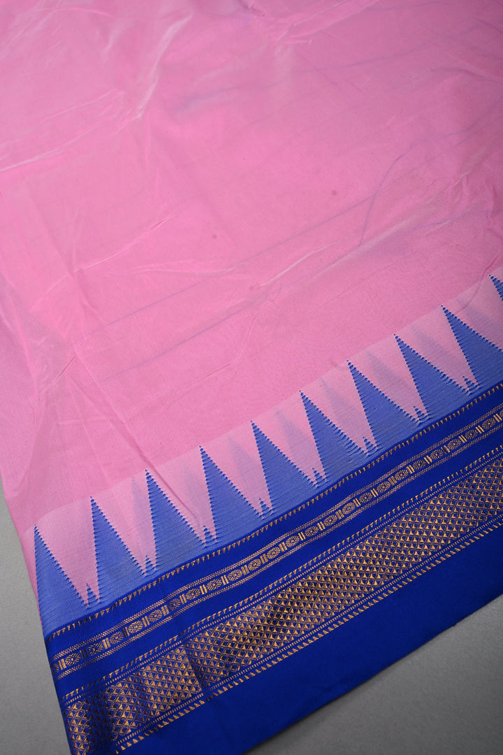 Rose Pink Ilkal Weave Mercerized Bagalkote Cotton Saree with Temple Panel on Contrast Zari Border | SHOBITAM