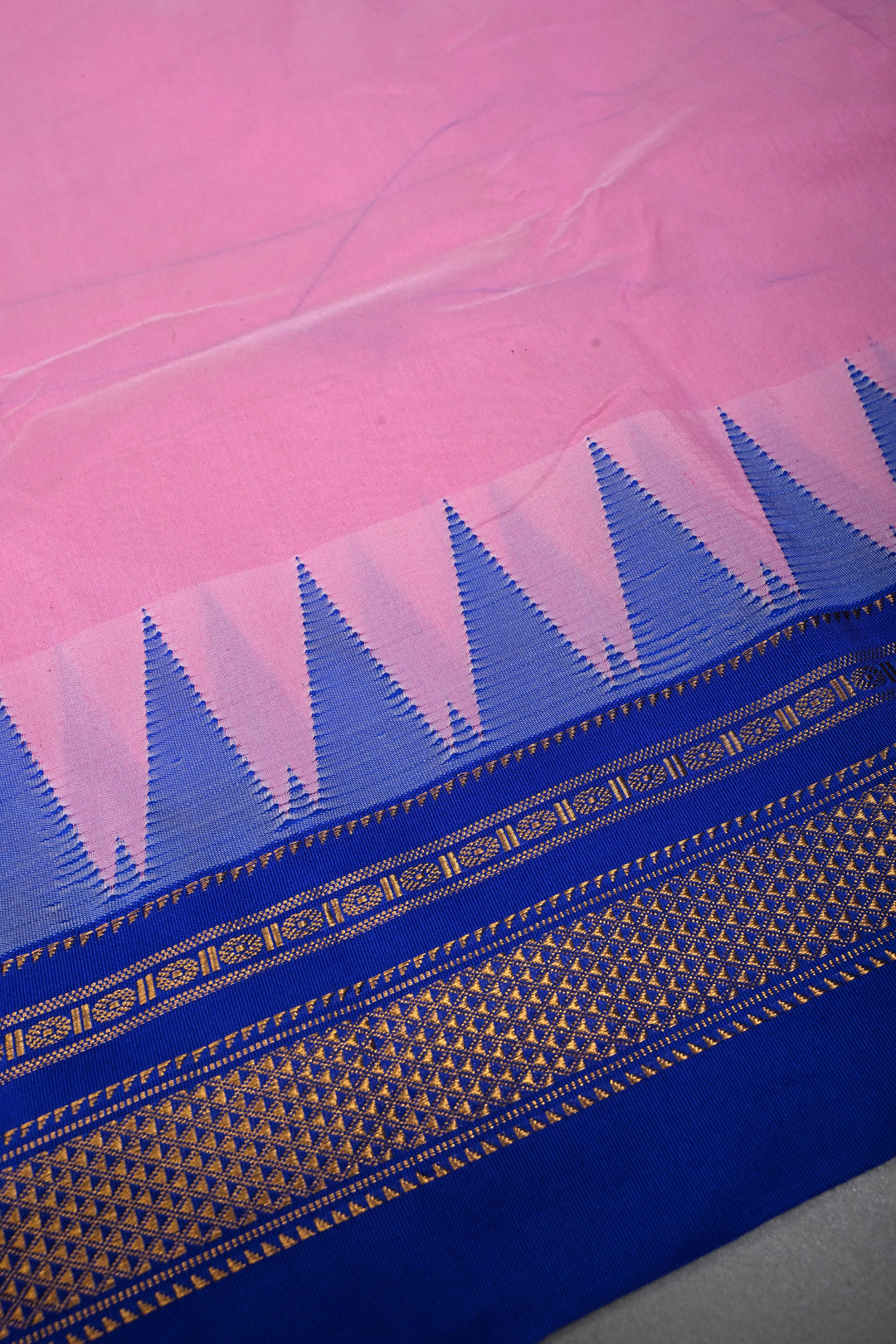 Rose Pink Ilkal Weave Mercerized Bagalkote Cotton Saree with Temple Panel on Contrast Zari Border | SHOBITAM