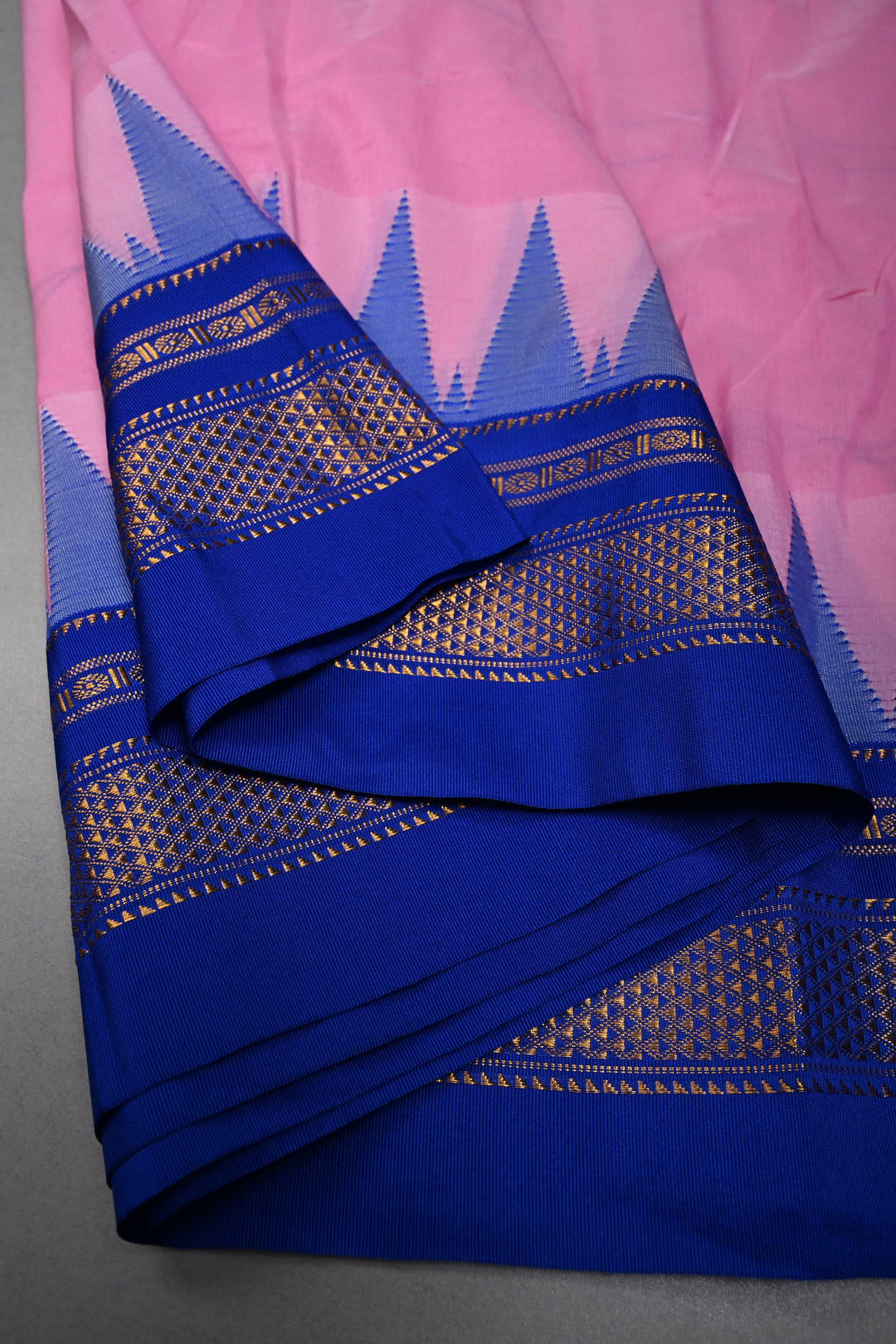 Rose Pink Ilkal Weave Mercerized Bagalkote Cotton Saree with Temple Panel on Contrast Zari Border | SHOBITAM