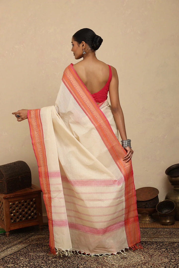 Handloom Off White Kanchi Cotton Saree with Woven Pink Border | SHOBITAM