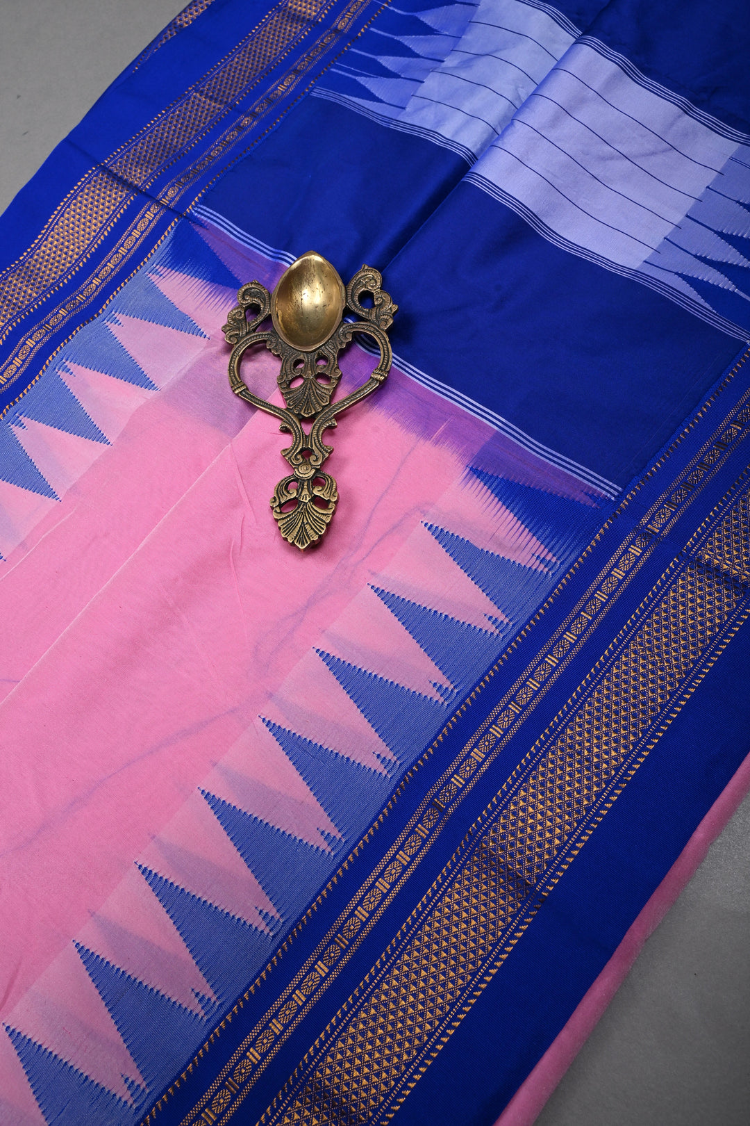 Rose Pink Ilkal Weave Mercerized Bagalkote Cotton Saree with Temple Panel on Contrast Zari Border | SHOBITAM