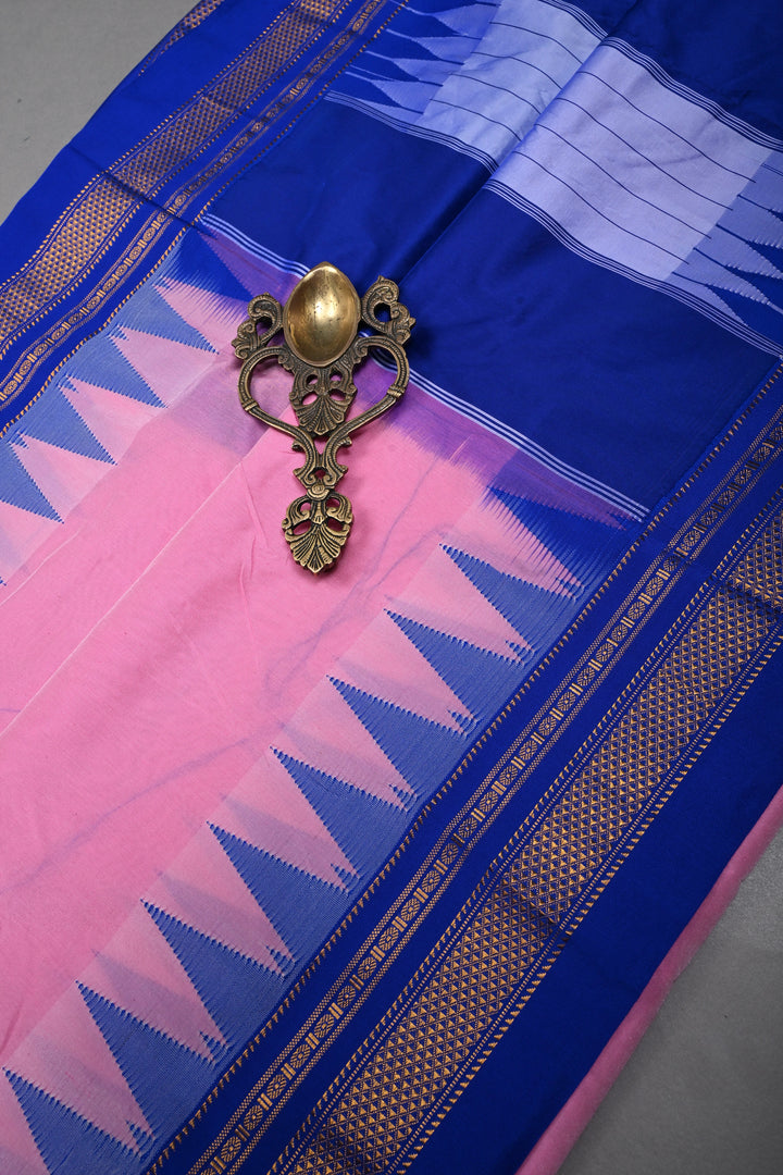 Rose Pink Ilkal Weave Mercerized Bagalkote Cotton Saree with Temple Panel on Contrast Zari Border | SHOBITAM