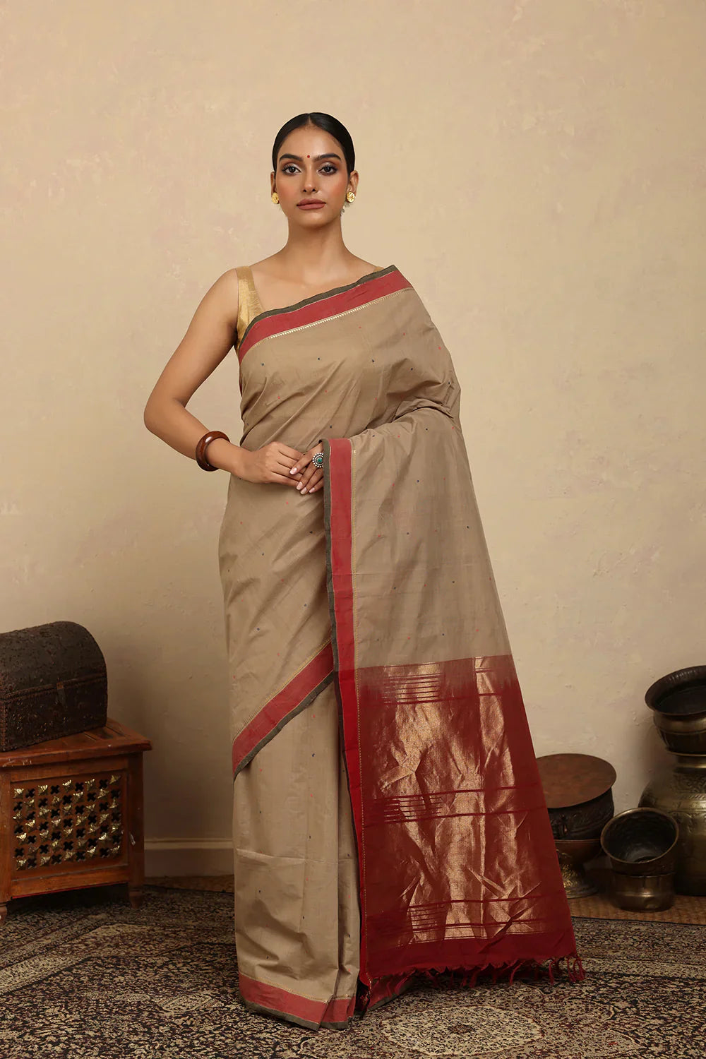 Handloom Biscuit Brown Kanchi Cotton Saree | SHOBITAM