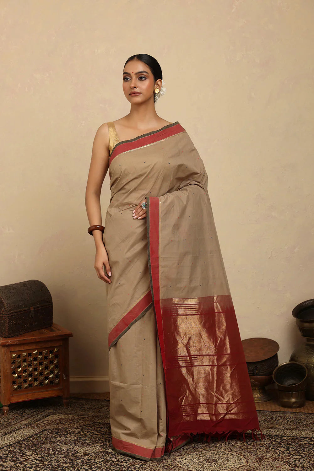 Handloom Biscuit Brown Kanchi Cotton Saree | SHOBITAM