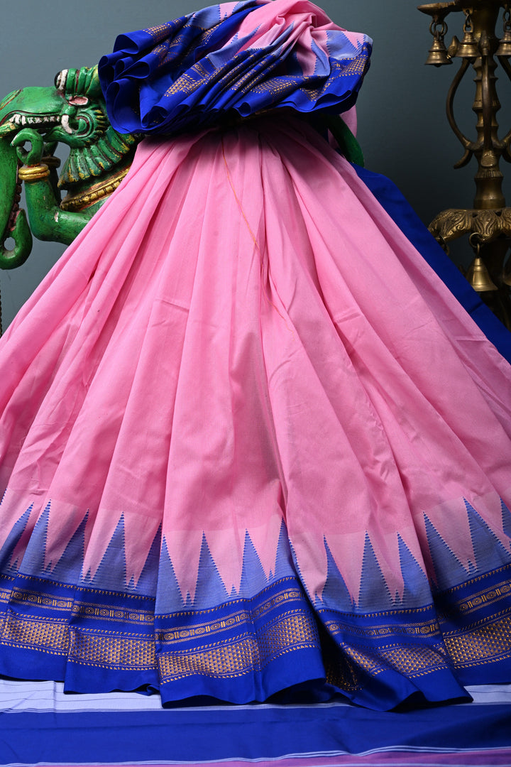 Rose Pink Ilkal Weave Mercerized Bagalkote Cotton Saree with Temple Panel on Contrast Zari Border | SHOBITAM