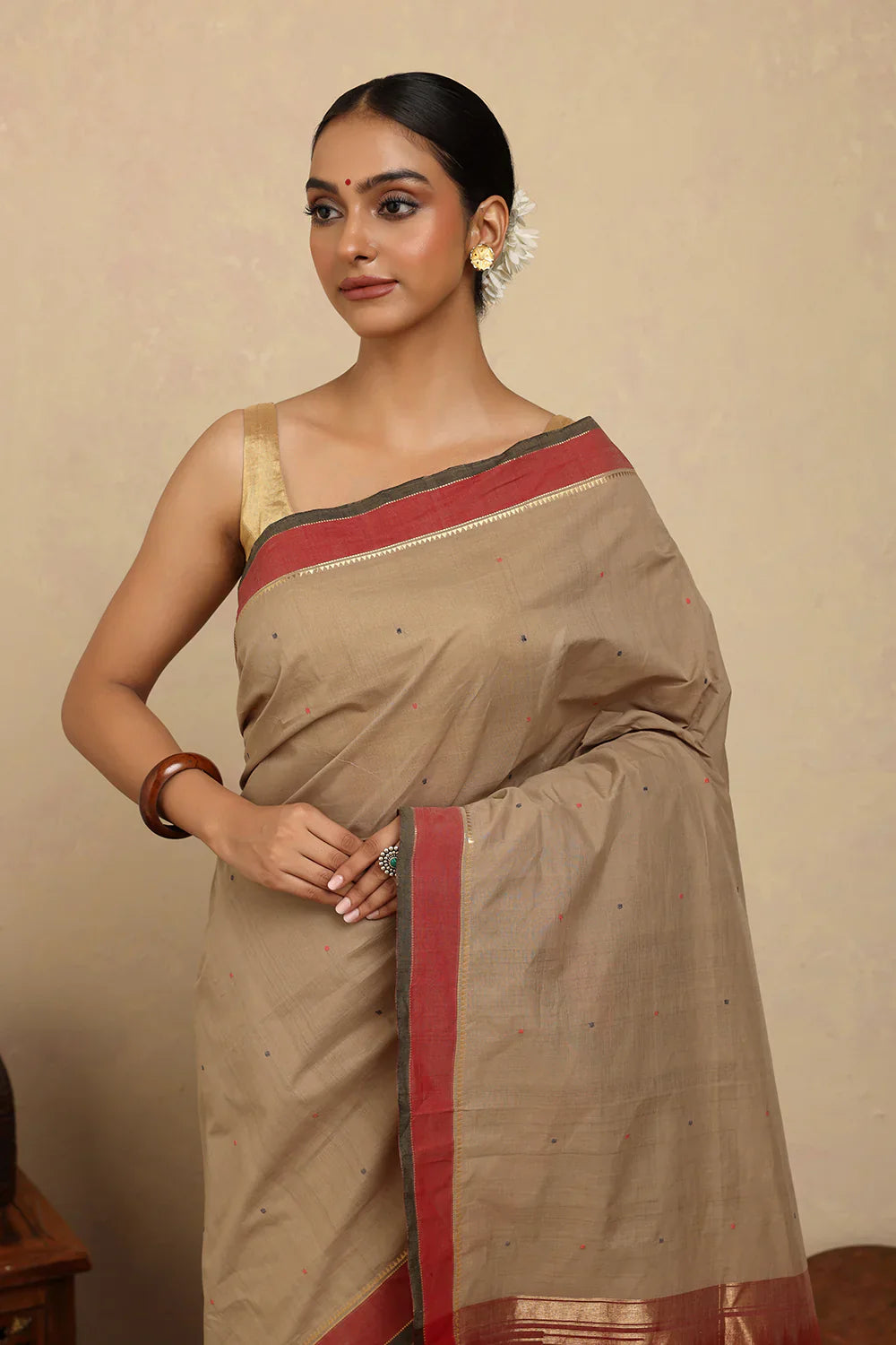 Handloom Biscuit Brown Kanchi Cotton Saree | SHOBITAM