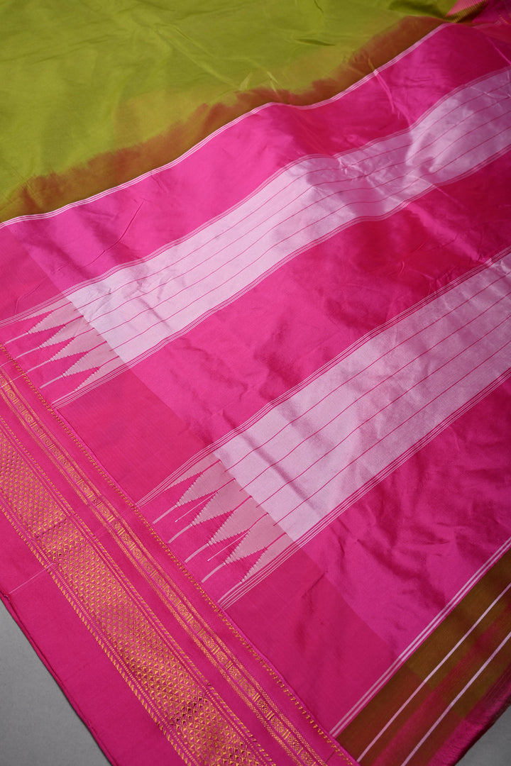 Parrot Green Ilkal Weave Mercerized Bagalkote Cotton Saree with Temple Panel on Contrast Zari Border | SHOBITAM