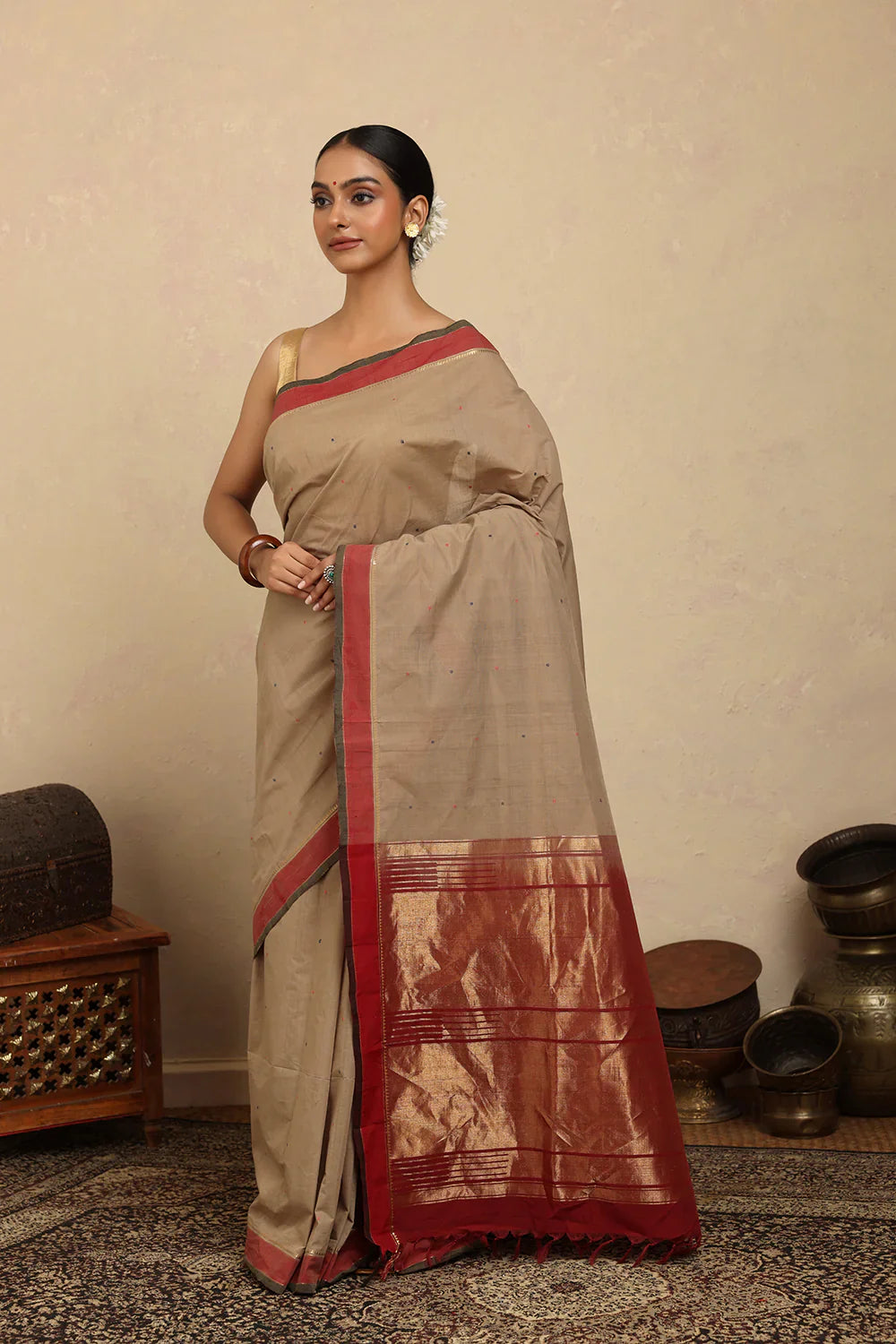 Handloom Biscuit Brown Kanchi Cotton Saree | SHOBITAM