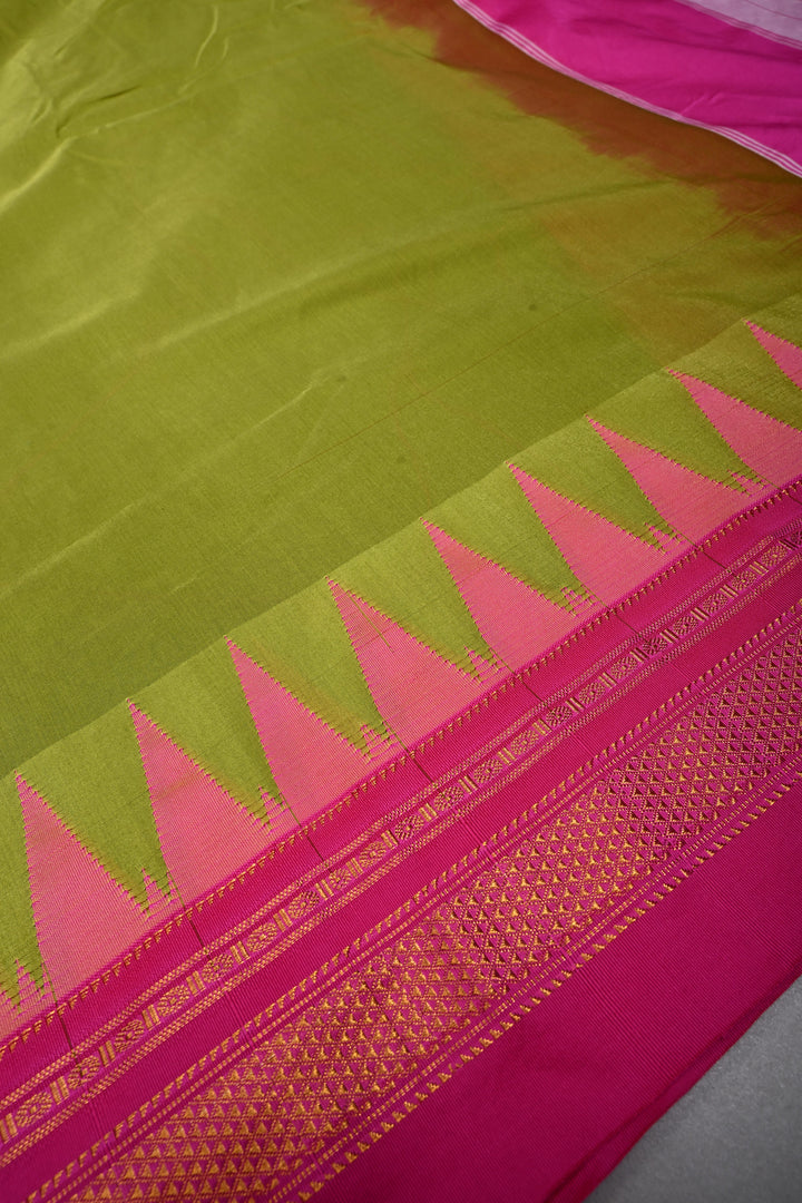 Parrot Green Ilkal Weave Mercerized Bagalkote Cotton Saree with Temple Panel on Contrast Zari Border | SHOBITAM