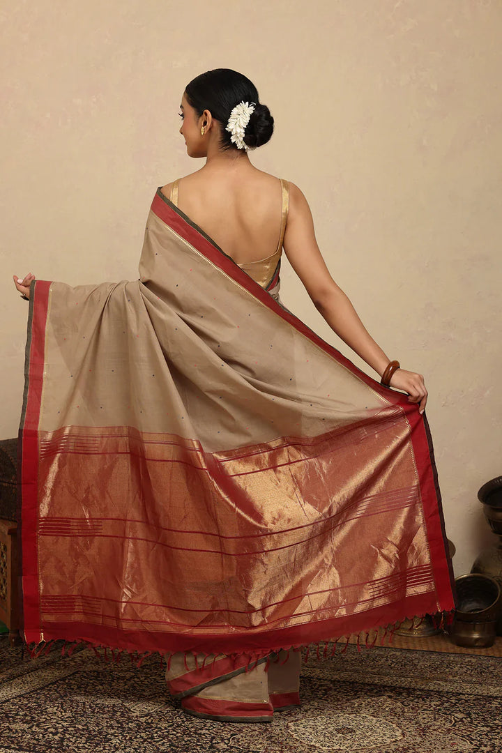 Handloom Biscuit Brown Kanchi Cotton Saree | SHOBITAM